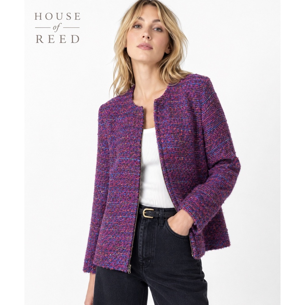 Koret Bouclé Wool Blend Jacket Size 14 Purple Pink Textured‎ Zip Blazer Career